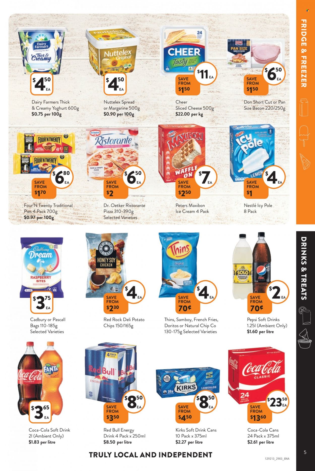 thumbnail - Foodworks Catalogue - 29 Mar 2023 - 4 Apr 2023 - Sales products - pizza, bacon, pepperoni, sliced cheese, Dr. Oetker, yoghurt, margarine, ice cream, potato fries, french fries, Nestlé, Cadbury, Doritos, potato chips, chips, Thins, honey, Coca-Cola, lemonade, Pepsi, energy drink, Fanta, soft drink, Red Bull, TRULY, chicken, pan. Page 5.
