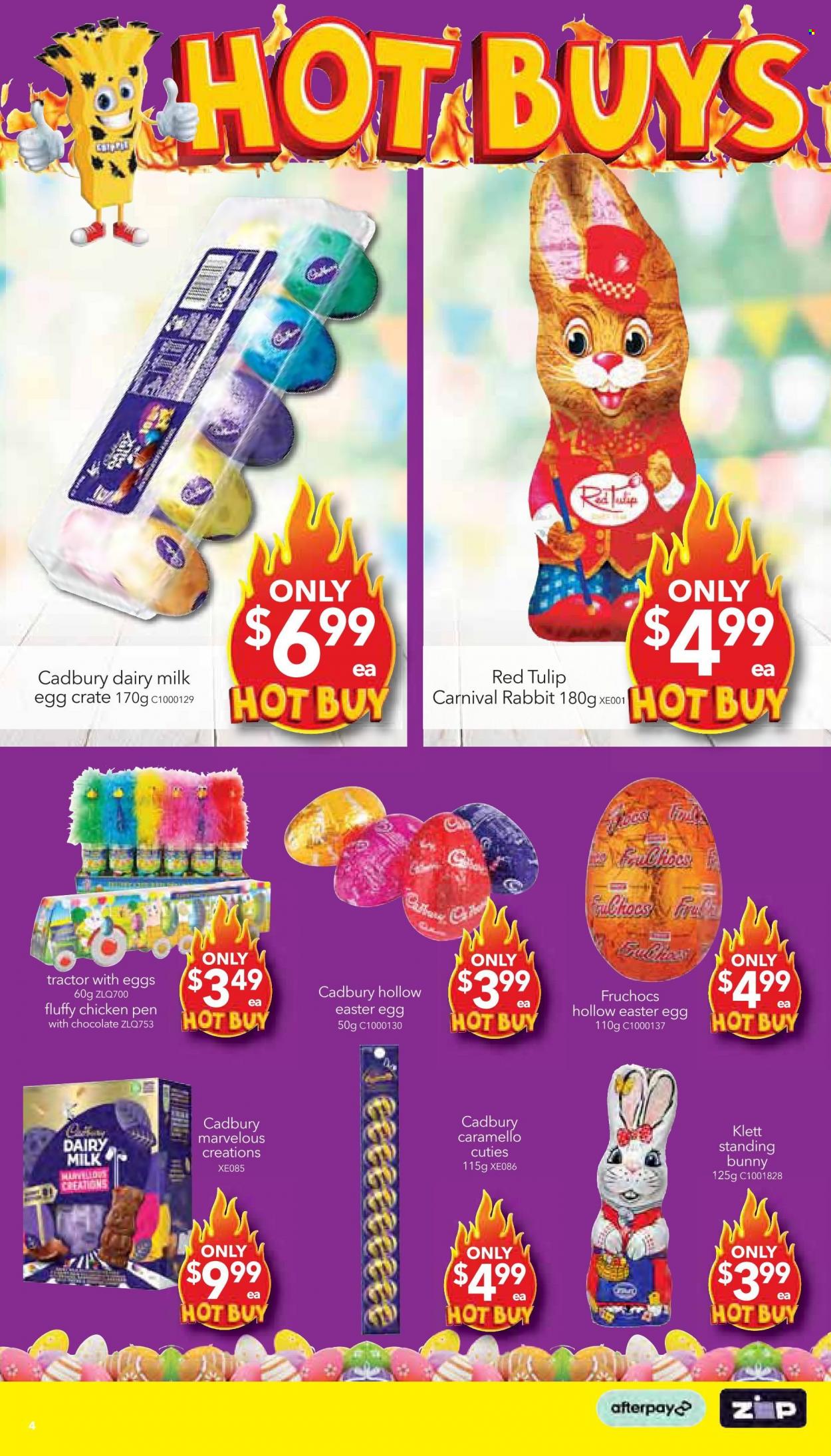 thumbnail - Cheap as Chips Catalogue - 29 Mar 2023 - 4 Apr 2023 - Sales products - rabbit, easter egg, chocolate, Cadbury, Dairy Milk, chocolate rabbit, pen, tractor, tulip, red tulip. Page 4.