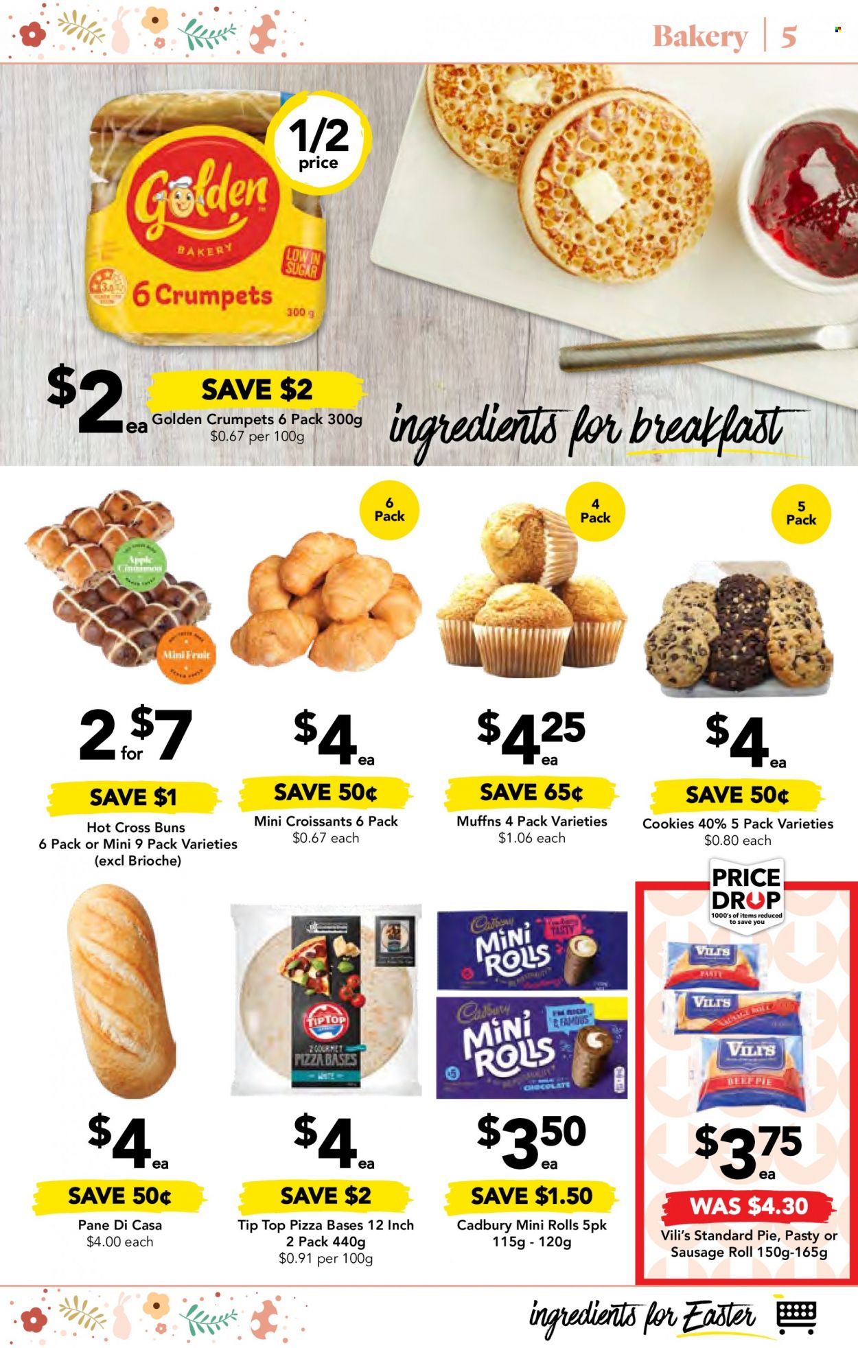 thumbnail - Drakes Catalogue - 29 Mar 2023 - 4 Apr 2023 - Sales products - sausage rolls, Tip Top, croissant, buns, crumpets, brioche, sausage, pizza dough, cookies, Cadbury. Page 5.