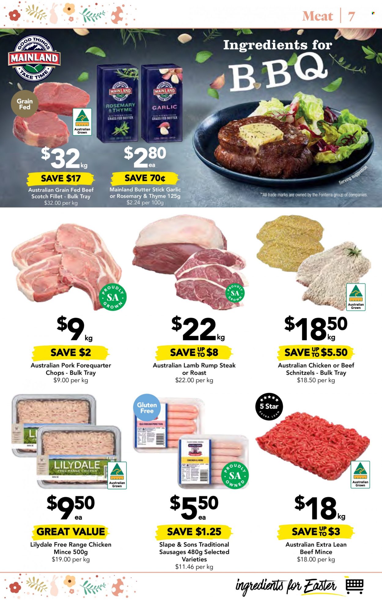 thumbnail - Drakes Catalogue - 29 Mar 2023 - 4 Apr 2023 - Sales products - garlic, roast, sausage, butter, rosemary, ground chicken, chicken, beef meat, ground beef, steak, rump steak. Page 7.