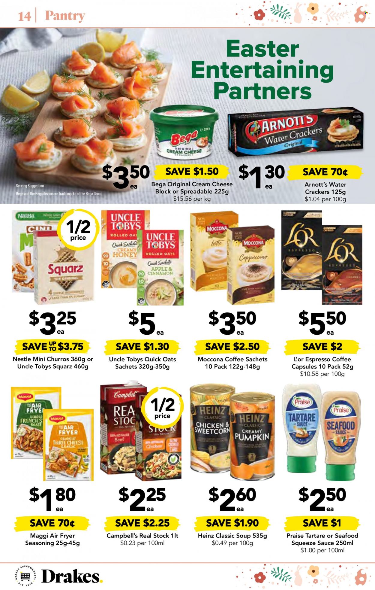 thumbnail - Drakes Catalogue - 29 Mar 2023 - 4 Apr 2023 - Sales products - pumpkin, seafood, Campbell's, soup, sauce, roast, cream cheese, cheese, Nestlé, crackers, oats, Maggi, Heinz, churros, Quick Oats, spice, cinnamon, honey, water, cappuccino, Moccona, coffee capsules, L'Or. Page 16.