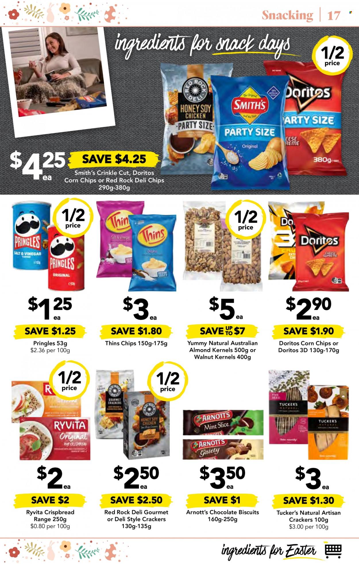 thumbnail - Drakes Catalogue - 29 Mar 2023 - 4 Apr 2023 - Sales products - crispbread, chocolate, snack, crackers, biscuit, Doritos, Pringles, chips, Smith's, Thins, corn chips, honey, chicken. Page 19.