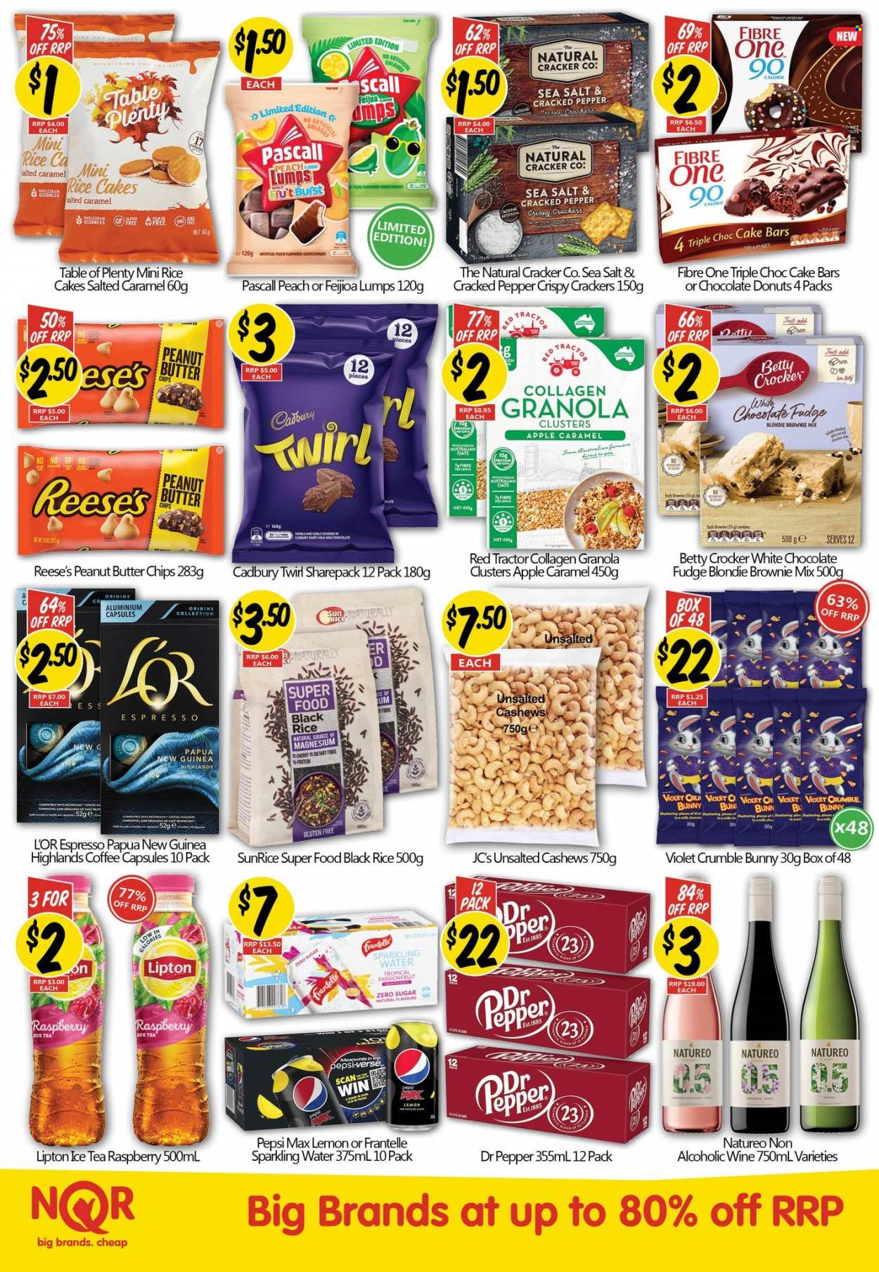 thumbnail - NQR Catalogue - 29 Mar 2023 - 11 Apr 2023 - Sales products - donut, brownie mix, eggs, Reese's, fudge, milk chocolate, crackers, Cadbury, Dairy Milk, chips, oats, granola, peanut butter, cashews, Pepsi, Lipton, Pepsi Max, ice tea, Dr. Pepper, sparkling water, water, tea, coffee, Nespresso, coffee capsules, L'Or, wine, Plenty, magnesium. Page 2.