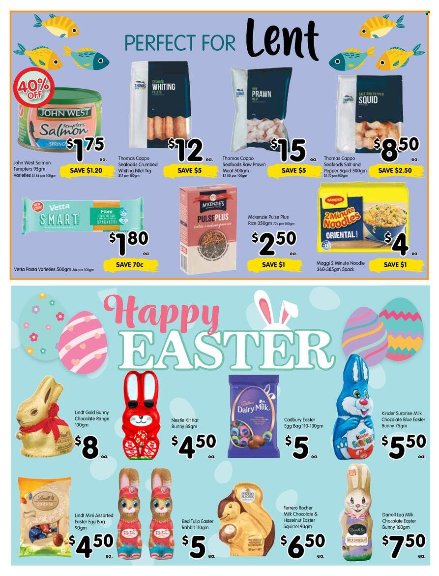 thumbnail - SPAR Catalogue - 29 Mar 2023 - 4 Apr 2023 - Sales products - salmon, squid, prawns, whiting, pasta, noodles, milk chocolate, Nestlé, rabbit, chocolate, Lindt, Ferrero Rocher, KitKat, easter egg, candy egg, Kinder Surprise, Cadbury, Dairy Milk, easter bunny, Maggi, rice, pepper. Page 2.