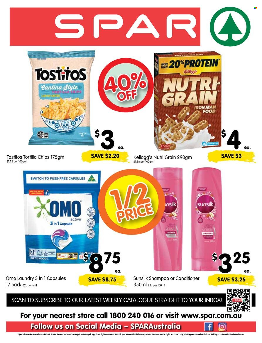 thumbnail - SPAR Catalogue - 29 Mar 2023 - 4 Apr 2023 - Sales products - Kellogg's, tortilla chips, chips, Tostitos, Nutri-Grain, switch, Omo, shampoo, Sunsilk, conditioner. Page 8.