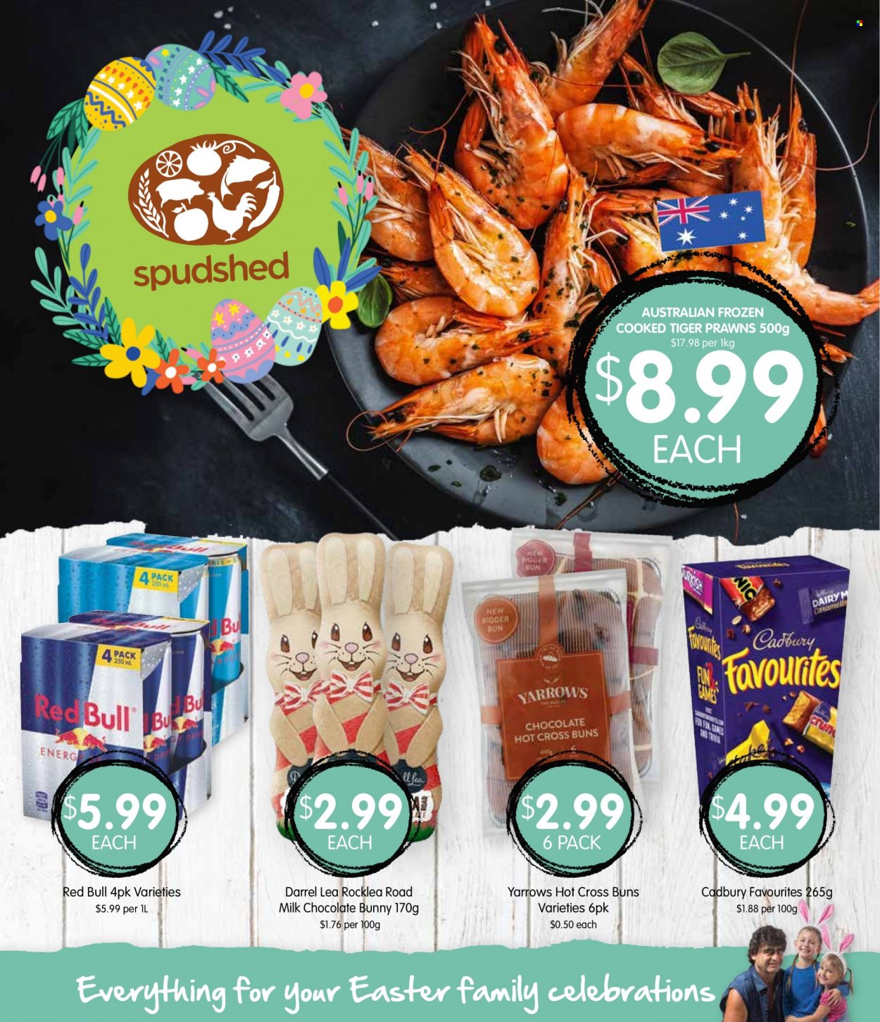 thumbnail - Spudshed Catalogue - 29 Mar 2023 - 4 Apr 2023 - Sales products - buns, prawns, milk chocolate, chocolate, Celebration, Cadbury, chocolate bunny, Red Bull, hot chocolate. Page 1.