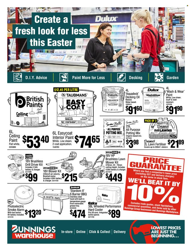 thumbnail - Bunnings Warehouse Catalogue - 27 Mar 2023 - 9 Apr 2023 - Sales products - bottle opener, paint, Dulux, drill, drill driver kit, Ryobi, lawn mower, blower, potting mix. Page 1.