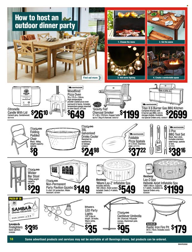 thumbnail - Bunnings Warehouse Catalogue - 27 Mar 2023 - 9 Apr 2023 - Sales products - stool, chair, bar stool, sink, fork, spatula, candle, bulb, pizza oven, oven, iron, lighting, tong, tool set, gazebo, pavilion, umbrella, smoker, charcoal smoker, burner gas barbecue, fire bowl. Page 18.