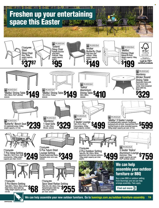 thumbnail - Bunnings Warehouse Catalogue - 27 Mar 2023 - 9 Apr 2023 - Sales products - dining table, table, dining chair, chair, bench, sofa, lounge, outdoor furniture, chair pad, aluminium frame. Page 19.