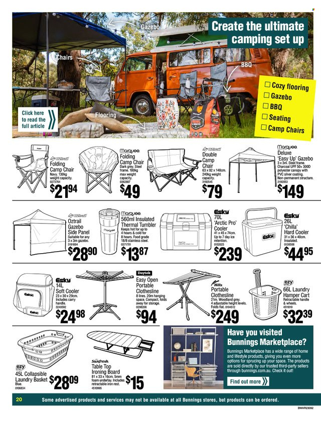 thumbnail - Bunnings Warehouse Catalogue - 27 Mar 2023 - 9 Apr 2023 - Sales products - table, chair, tumbler, flooring, cart, gazebo, basket. Page 20.
