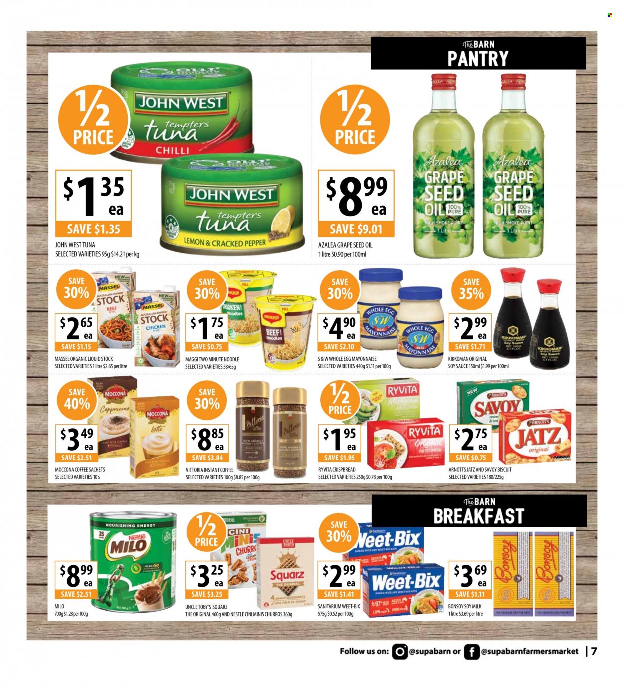 thumbnail - Supabarn Catalogue - 29 Mar 2023 - 4 Apr 2023 - Sales products - crispbread, tuna, sauce, noodles, soy milk, Milo, eggs, mayonnaise, cereal bar, biscuit, Maggi, Weet-Bix, churros, soy sauce, Kikkoman, oil, grape seed oil, instant coffee, Moccona. Page 7.