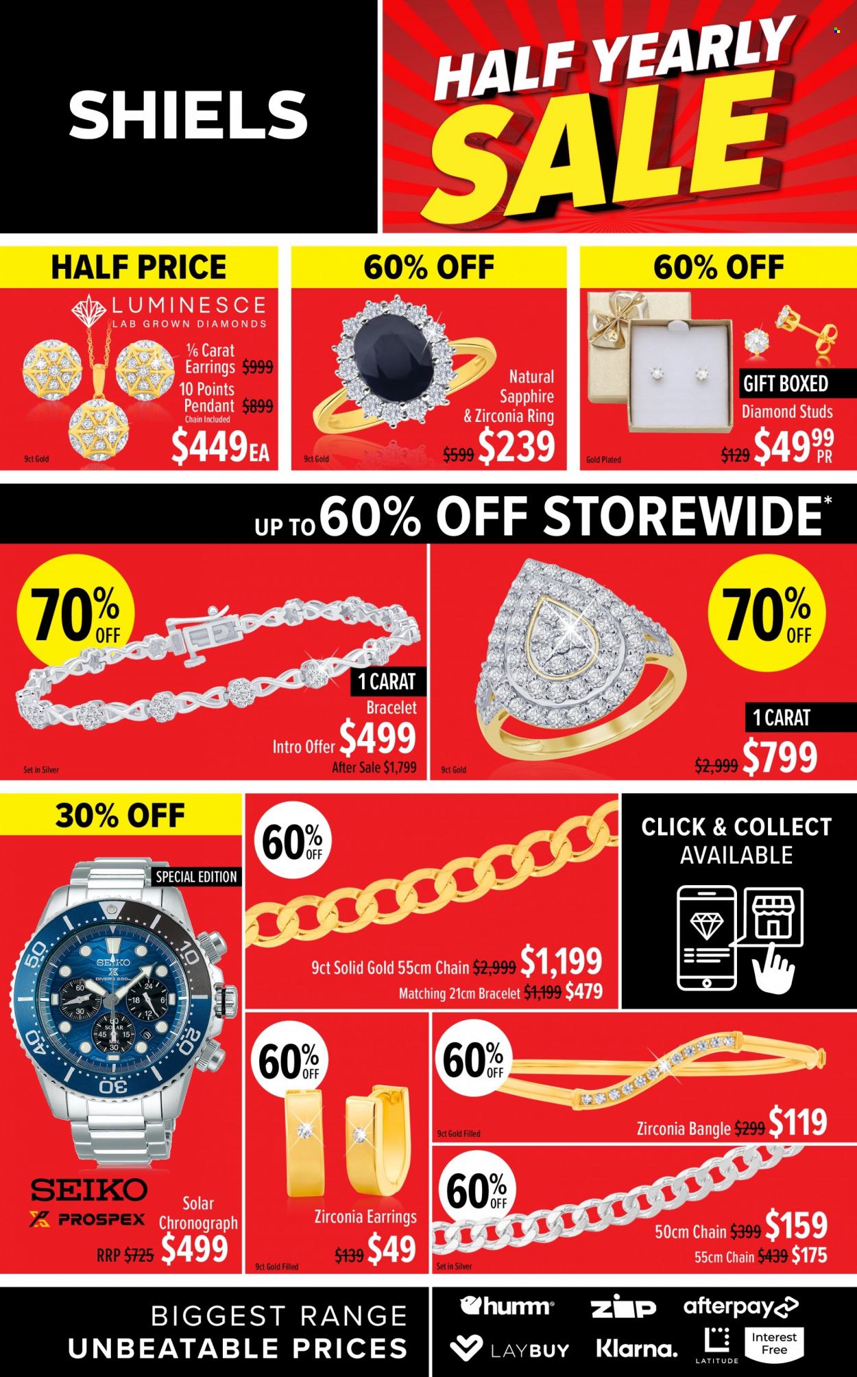 thumbnail - Shiels Catalogue - 15 May 2023 - 25 Jun 2023 - Sales products - bracelet, Seiko, studs, chronograph, pendant, earrings. Page 1.