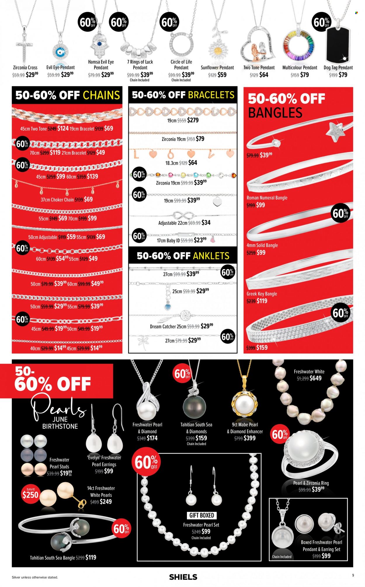 thumbnail - Shiels Catalogue - 15 May 2023 - 25 Jun 2023 - Sales products - bracelet, studs, pendant, earrings. Page 9.