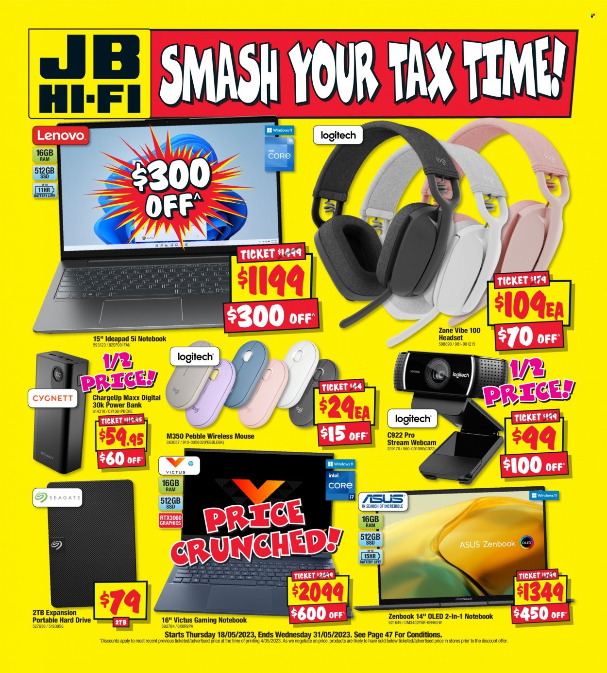 thumbnail - JB Hi-Fi Catalogue - 18 May 2023 - 31 May 2023 - Sales products - webcam, power bank, laptop, hard disk, mouse, portable hard drive, headset. Page 1.