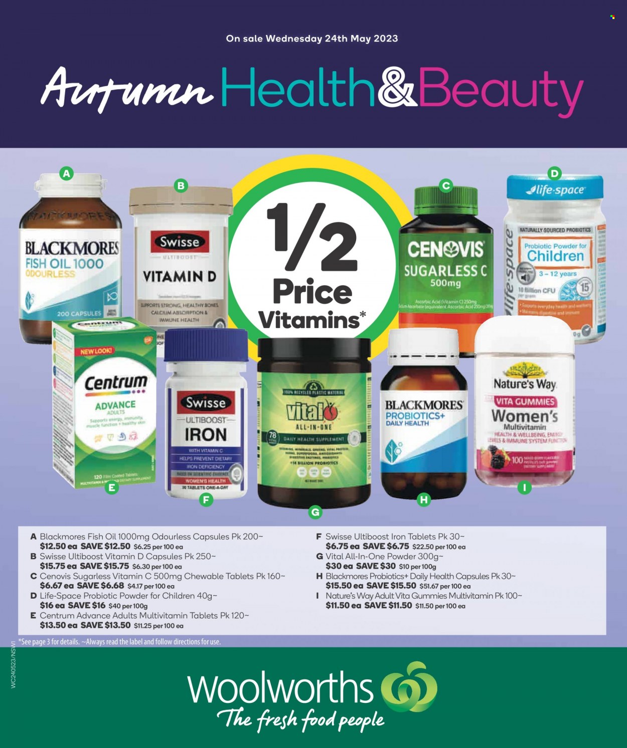 thumbnail - Woolworths Catalogue - 24 May 2023 - 30 May 2023 - Sales products - Swisse, iron, fish oil, multivitamin, vitamin c, probiotics, Cenovis, iron tablets, Centrum, Blackmores. Page 1.