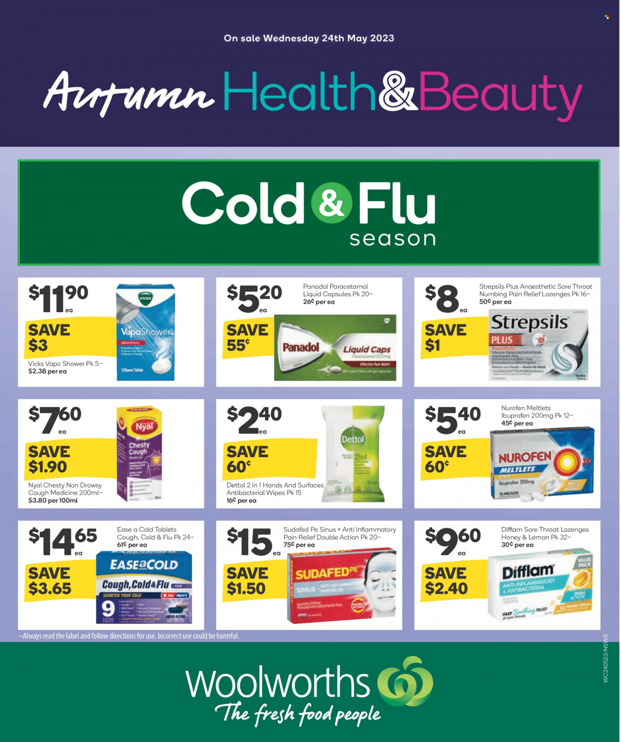 thumbnail - Woolworths Catalogue - 24 May 2023 - 30 May 2023 - Sales products - honey, wipes, Dettol, Vicks, pain relief, Cold & Flu, Sudafed, Ibuprofen, Strepsils, Nurofen, Panadol, medicine. Page 2.