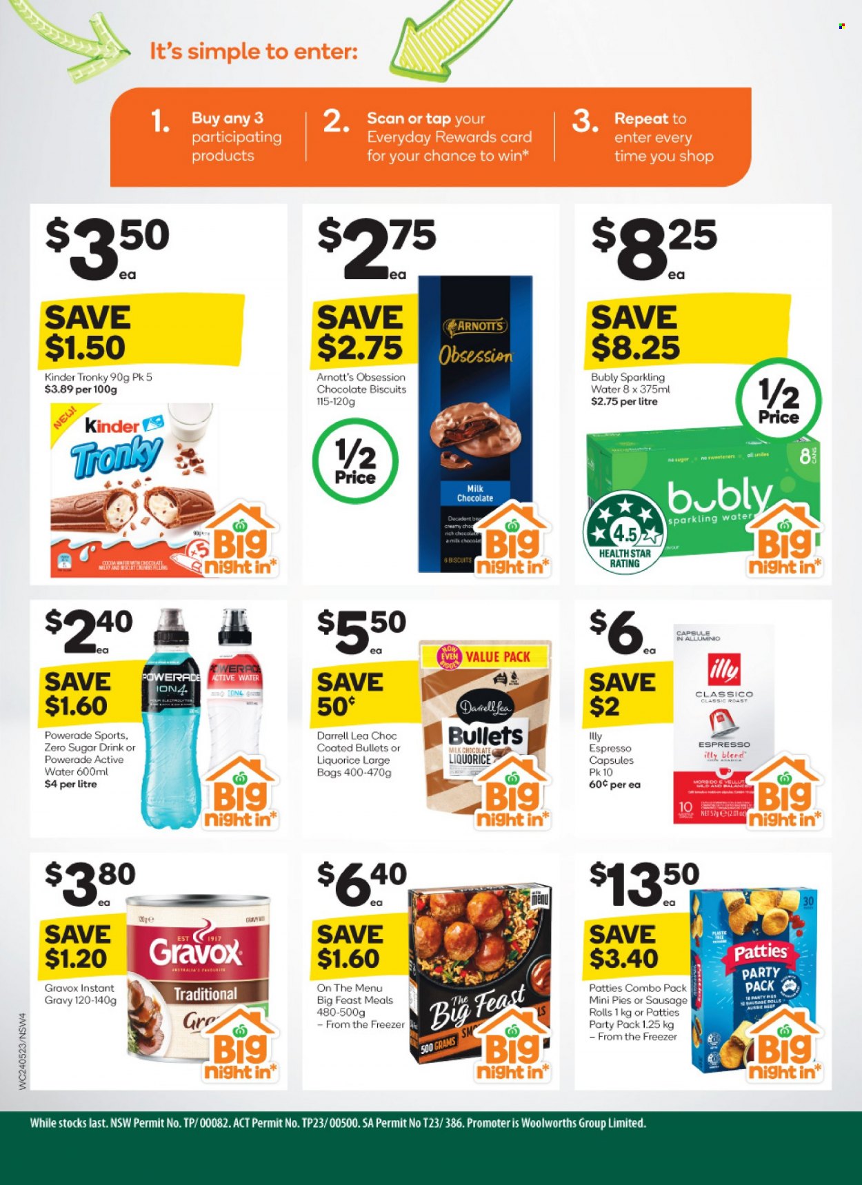 thumbnail - Woolworths Catalogue - 24 May 2023 - 30 May 2023 - Sales products - sausage rolls, pie, roast, milk chocolate, chocolate, biscuit, Classico, Powerade, energy drink, sparkling water, water, Illy, bag. Page 4.
