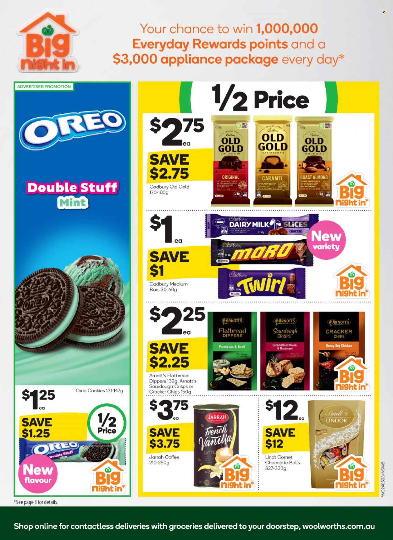 thumbnail - Woolworths Catalogue - 24 May 2023 - 30 May 2023 - Sales products - flatbread, roast, parmesan, Oreo, cookies, Lindt, Lindor, crackers, Cadbury, Dairy Milk, chips, caramel, honey, coffee, chicken, shirt. Page 5.