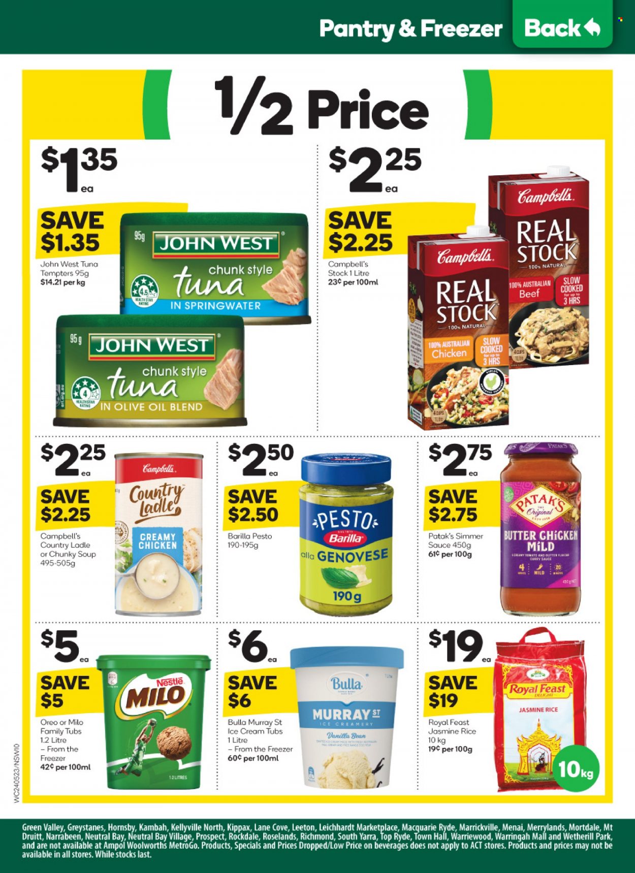thumbnail - Woolworths Catalogue - 24 May 2023 - 30 May 2023 - Sales products - tuna, Campbell's, soup, sauce, Barilla, Milo, ice cream, Nestlé, rice, jasmine rice, pesto, curry sauce, hook. Page 10.