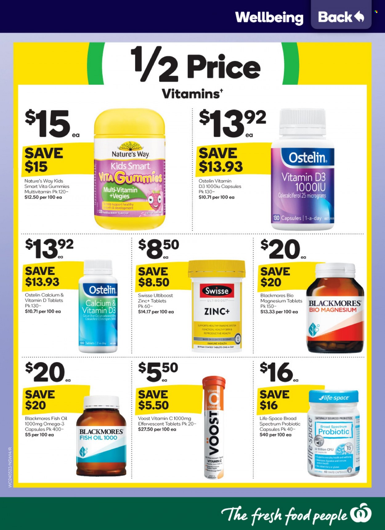 thumbnail - Woolworths Catalogue - 24 May 2023 - 30 May 2023 - Sales products - Swisse, calcium, fish oil, magnesium, multivitamin, vitamin c, probiotics, Omega-3, zinc, vitamin D3, Ostelin, Blackmores. Page 14.