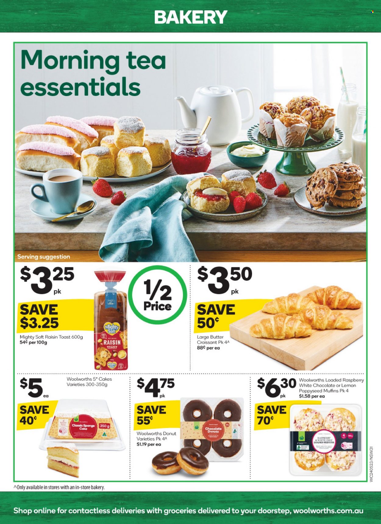 thumbnail - Woolworths Catalogue - 24 May 2023 - 30 May 2023 - Sales products - cake, croissant, sponge cake, donut, muffin, tea. Page 31.