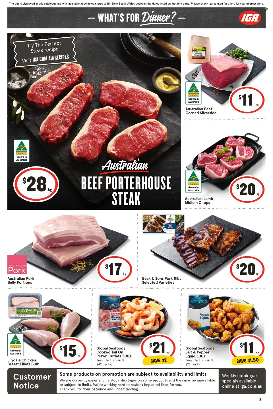 thumbnail - IGA Catalogue - 24 May 2023 - 30 May 2023 - Sales products - squid, prawns, chicken breasts, chicken, steak, ribs, pork belly, pork meat, pork ribs. Page 4.