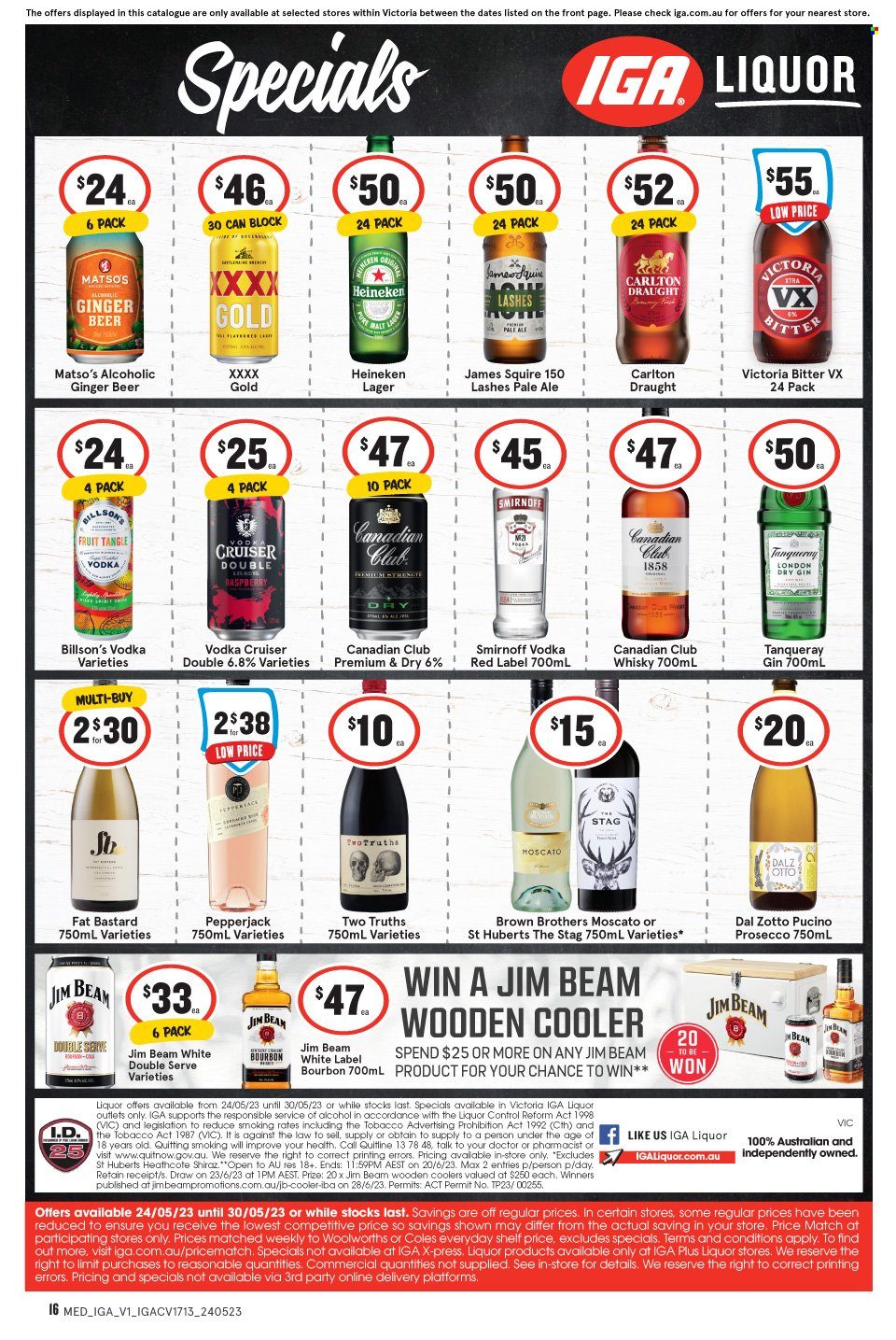 thumbnail - IGA Catalogue - 24 May 2023 - 30 May 2023 - Sales products - Pepper Jack cheese, malt, red wine, sparkling wine, prosecco, wine, Moscato, Shiraz, bourbon, gin, Smirnoff, vodka, BROTHERS, Jim Beam, whisky, Vodka Cruiser, beer, Heineken, Lager, XTRA, ginger beer. Page 2.