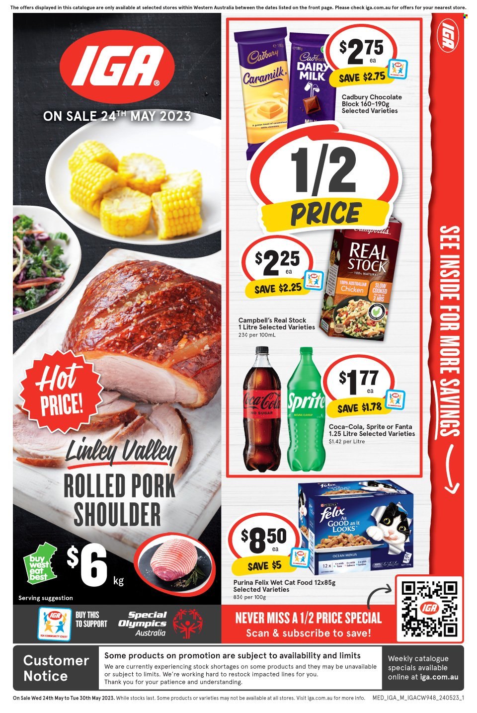 thumbnail - IGA Catalogue - 24 May 2023 - 30 May 2023 - Sales products - Campbell's, chocolate, Cadbury, Dairy Milk, Coca-Cola, Sprite, Fanta, soft drink, chicken, pork meat, pork shoulder, animal food, cat food, Purina, Felix, wet cat food. Page 1.