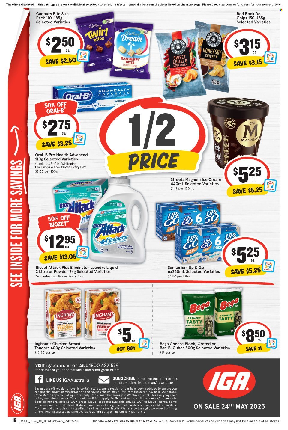 thumbnail - IGA Catalogue - 24 May 2023 - 30 May 2023 - Sales products - chicken tenders, grated cheese, sour cream, Magnum, ice cream, Cadbury, potato chips, chips, Koo, honey, chicken, laundry detergent, Oral-B, Aussie, BETA. Page 2.