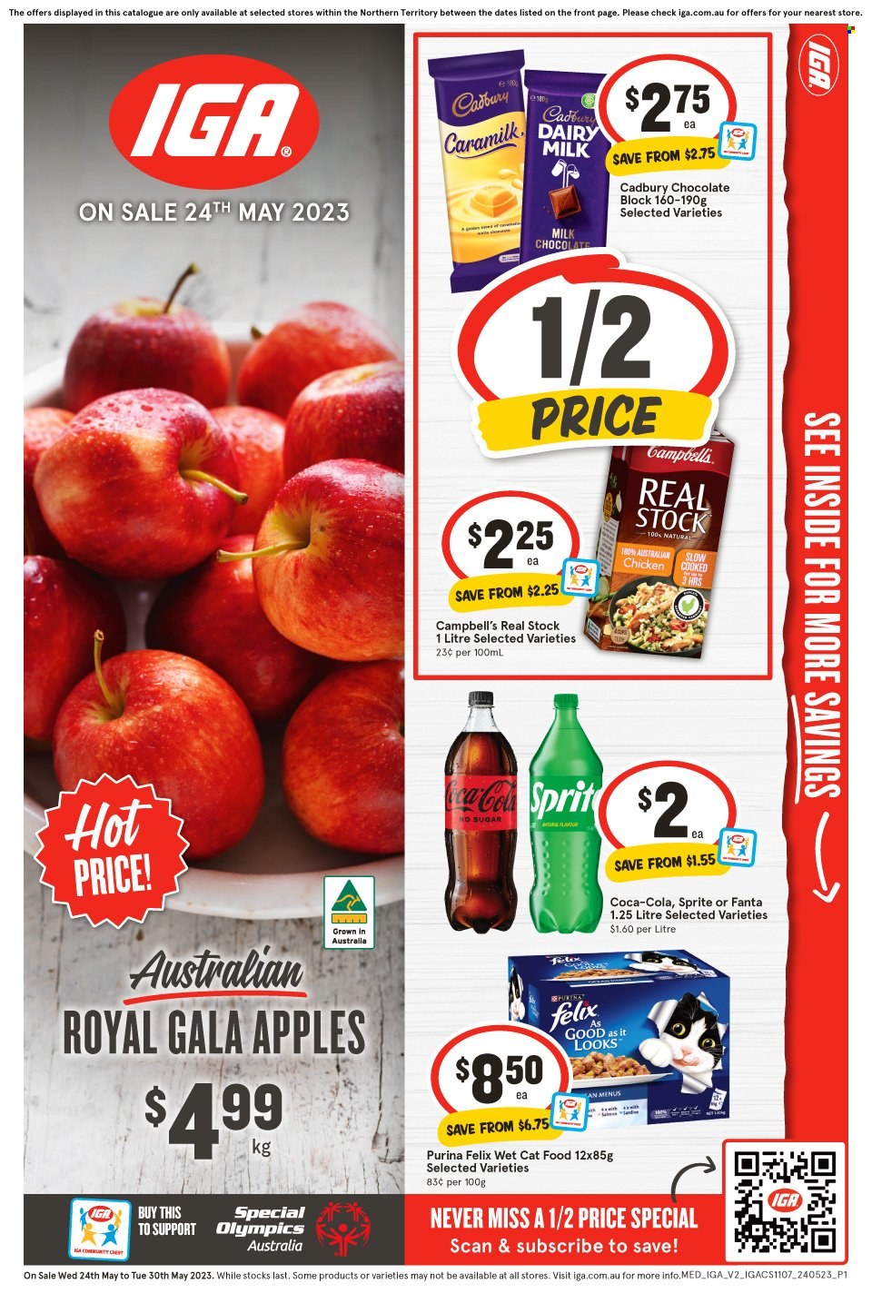 thumbnail - IGA Catalogue - 24 May 2023 - 30 May 2023 - Sales products - Gala, apples, Campbell's, milk chocolate, chocolate, Cadbury, Dairy Milk, Coca-Cola, Sprite, Fanta, soft drink, chicken, animal food, cat food, Purina, Felix, wet cat food. Page 1.