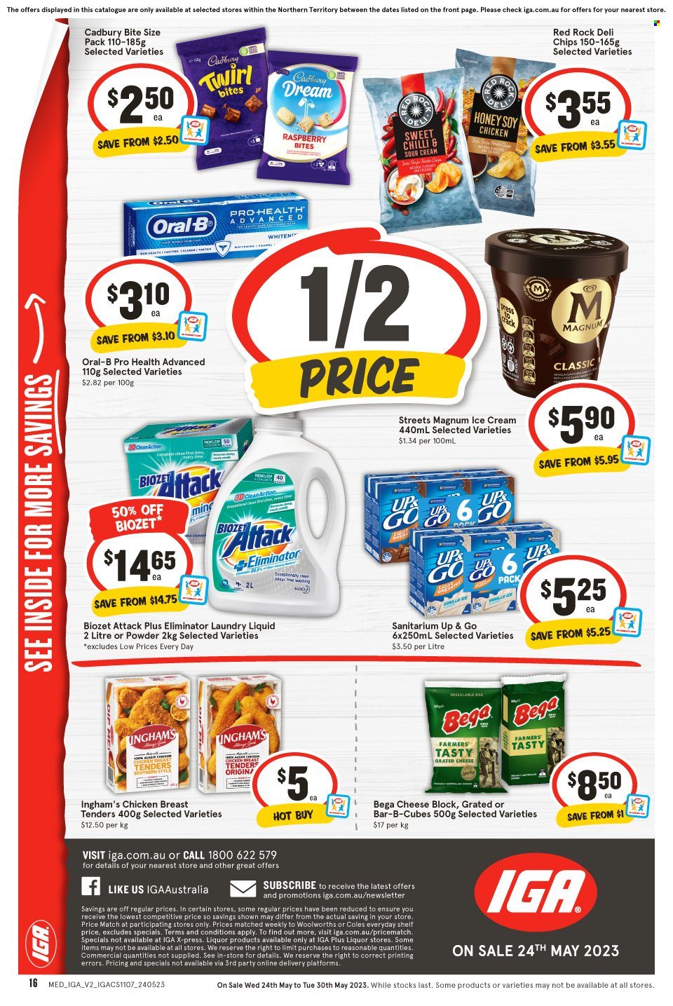 thumbnail - IGA Catalogue - 24 May 2023 - 30 May 2023 - Sales products - chicken tenders, grated cheese, ice cream, Cadbury, chips, honey, chicken, laundry detergent, Oral-B, Aussie. Page 2.