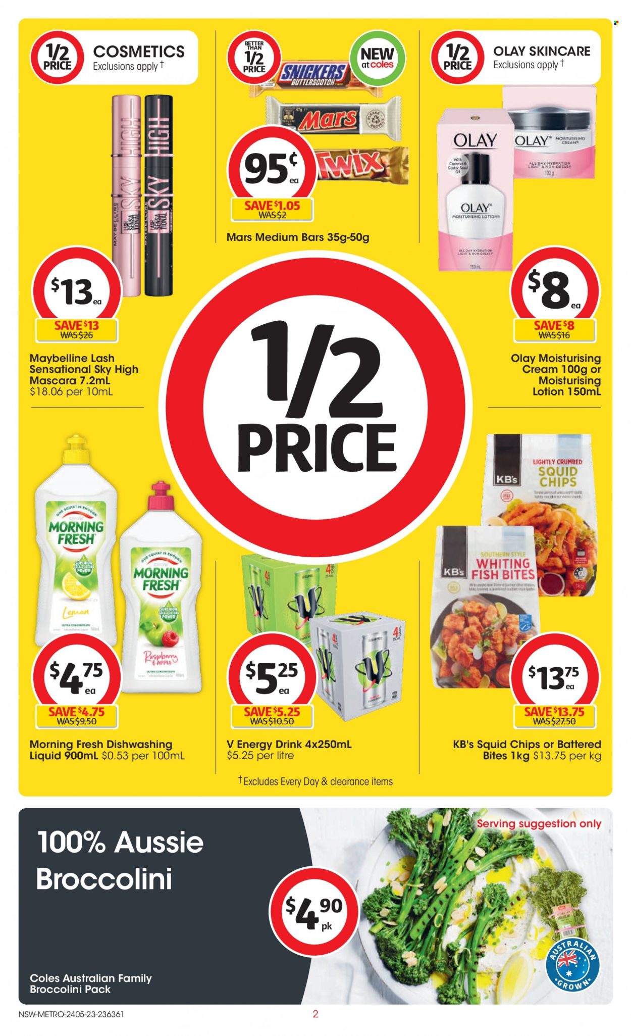 thumbnail - Coles Catalogue - 24 May 2023 - 30 May 2023 - Sales products - broccolini, squid, fish, whiting, butterscotch, Snickers, Mars, chips, energy drink, dishwashing liquid, Olay, Aussie, body lotion, mascara, Maybelline, Apple. Page 2.