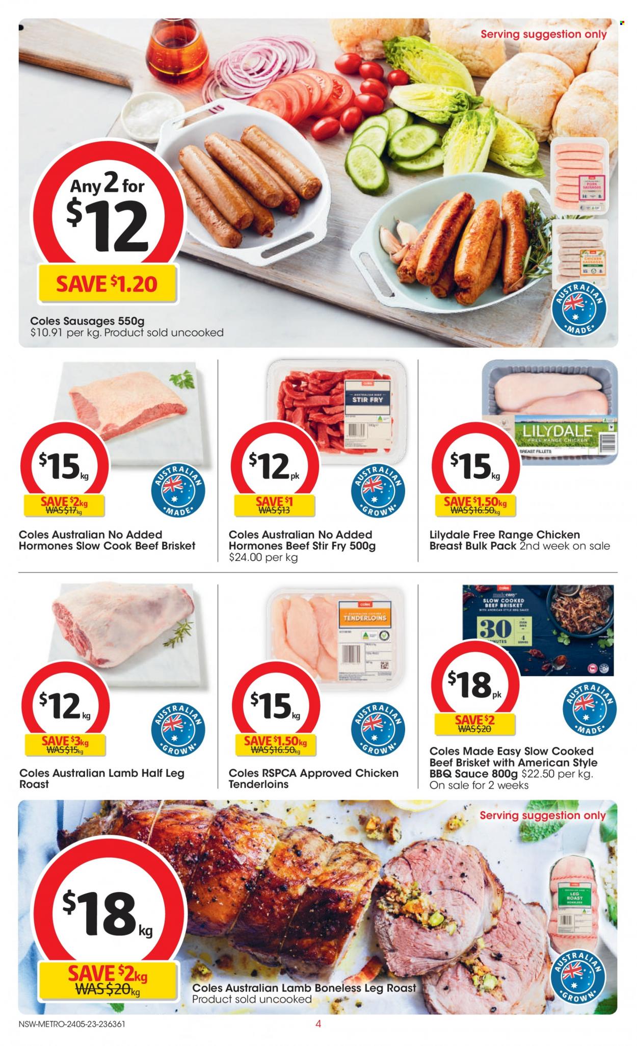 thumbnail - Coles Catalogue - 24 May 2023 - 30 May 2023 - Sales products - sauce, brisket, roast, sausage, BBQ sauce, chicken breasts, chicken, beef meat, beef brisket. Page 4.