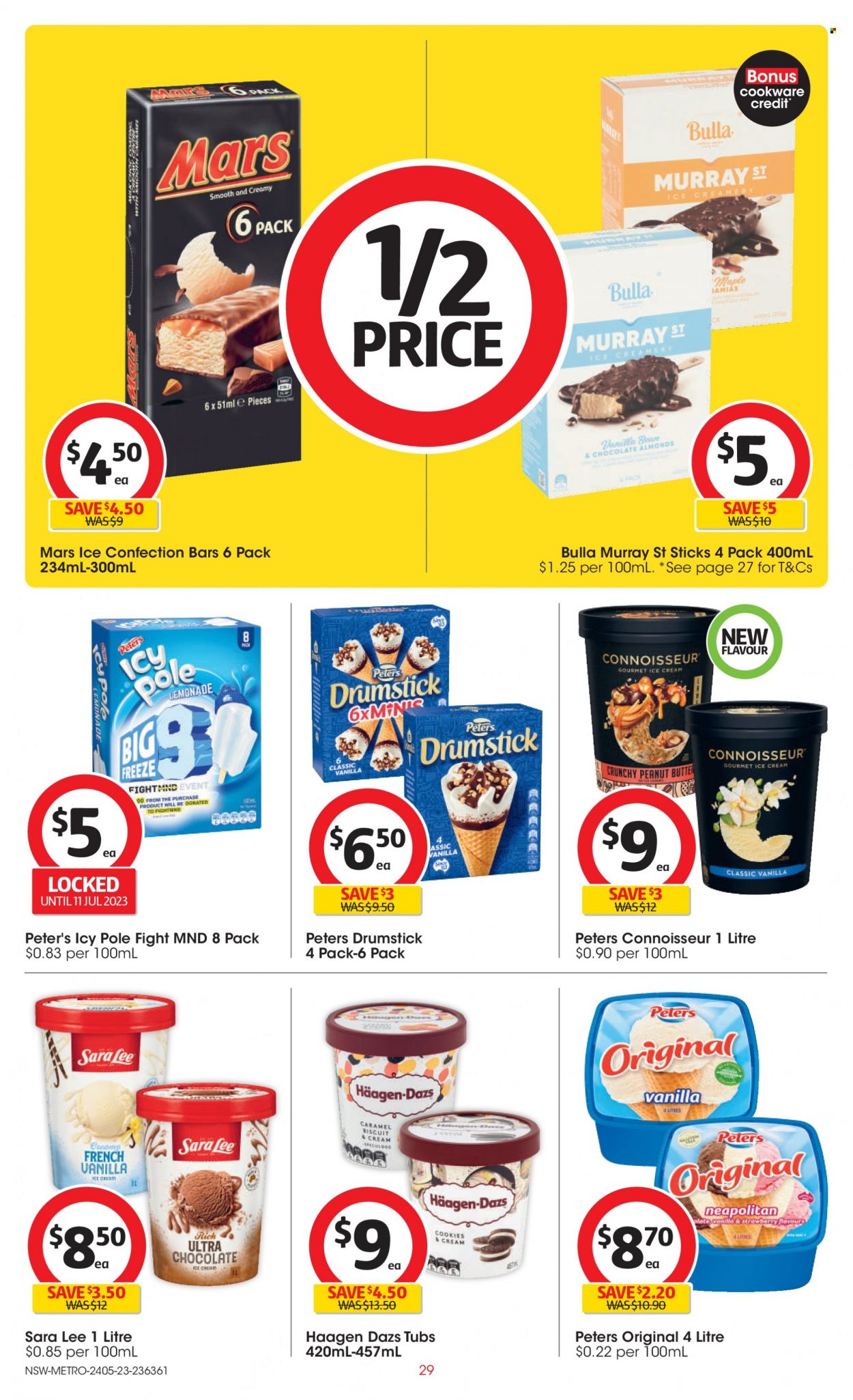 thumbnail - Coles Catalogue - 24 May 2023 - 30 May 2023 - Sales products - Sara Lee, ice cream, Häagen-Dazs, cookies, Mars, biscuit, caramel, peanut butter, lemonade, cookware set. Page 29.