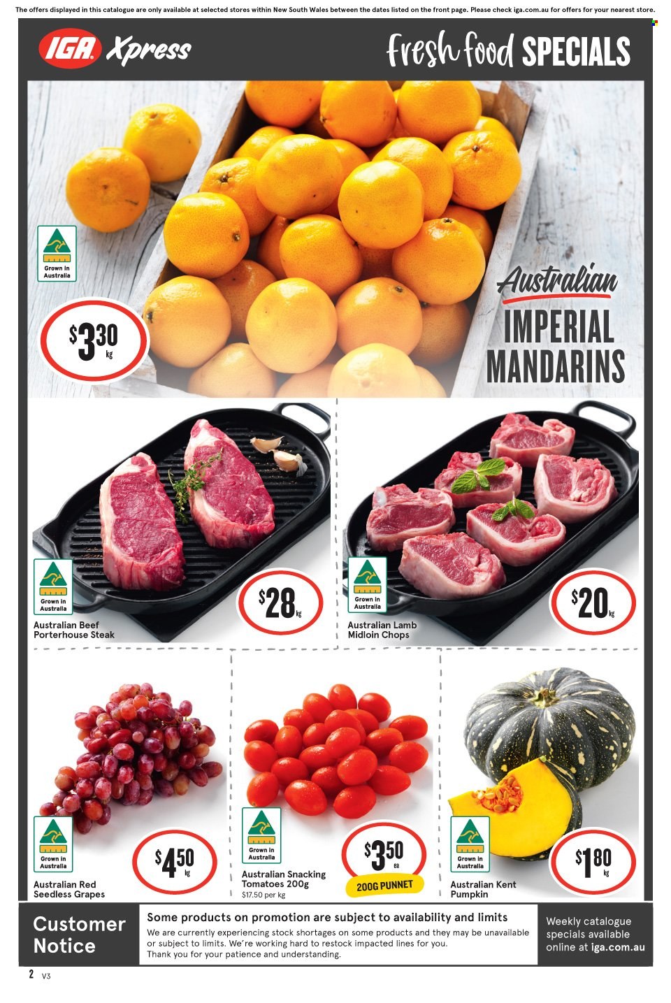 thumbnail - IGA Xpress Catalogue - 24 May 2023 - 30 May 2023 - Sales products - pumpkin, tomatoes, grapes, mandarines, seedless grapes, steak. Page 3.