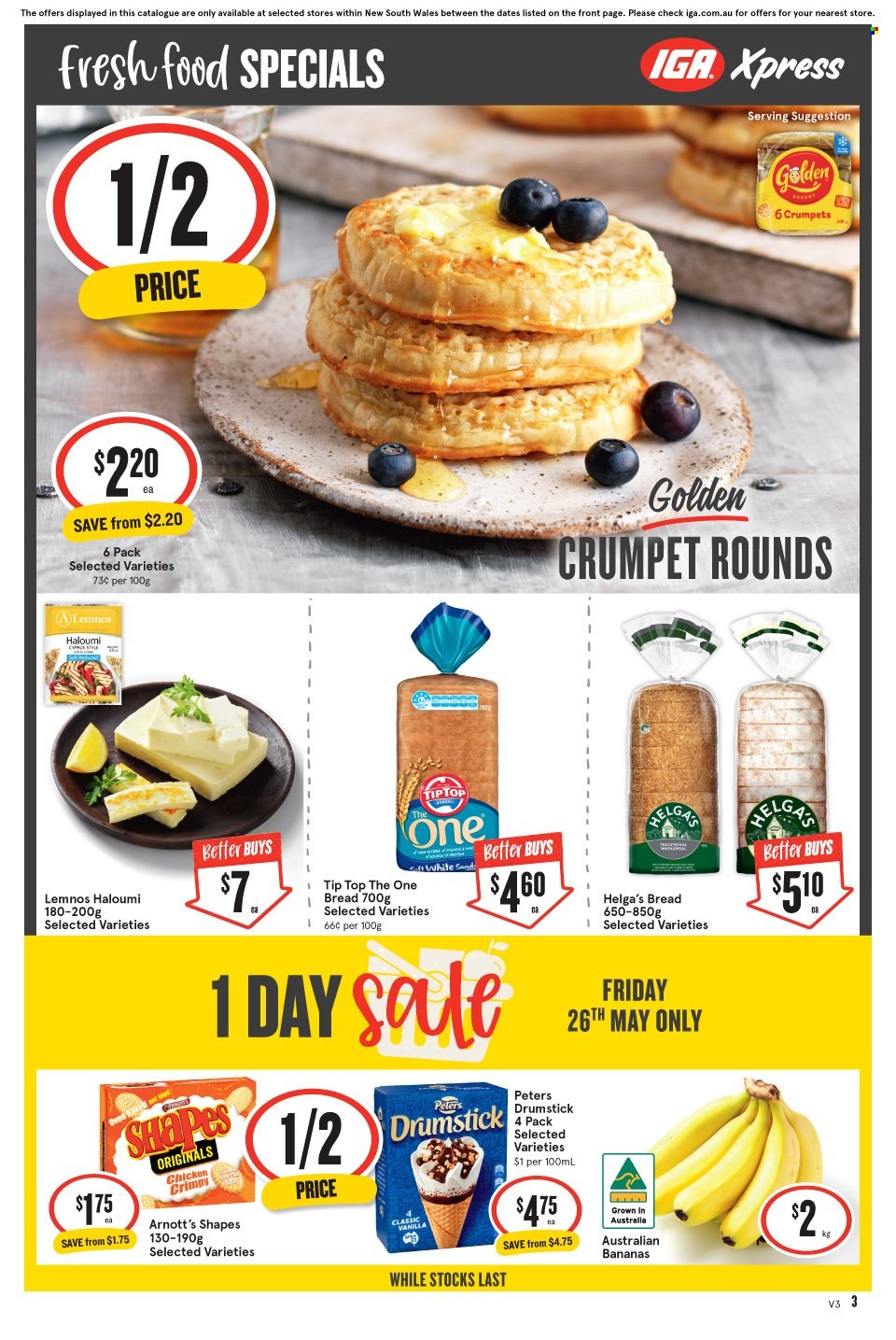 thumbnail - IGA Xpress Catalogue - 24 May 2023 - 30 May 2023 - Sales products - bread, Tip Top, crumpets, Golden Crumpet, bananas, salt, chicken. Page 4.