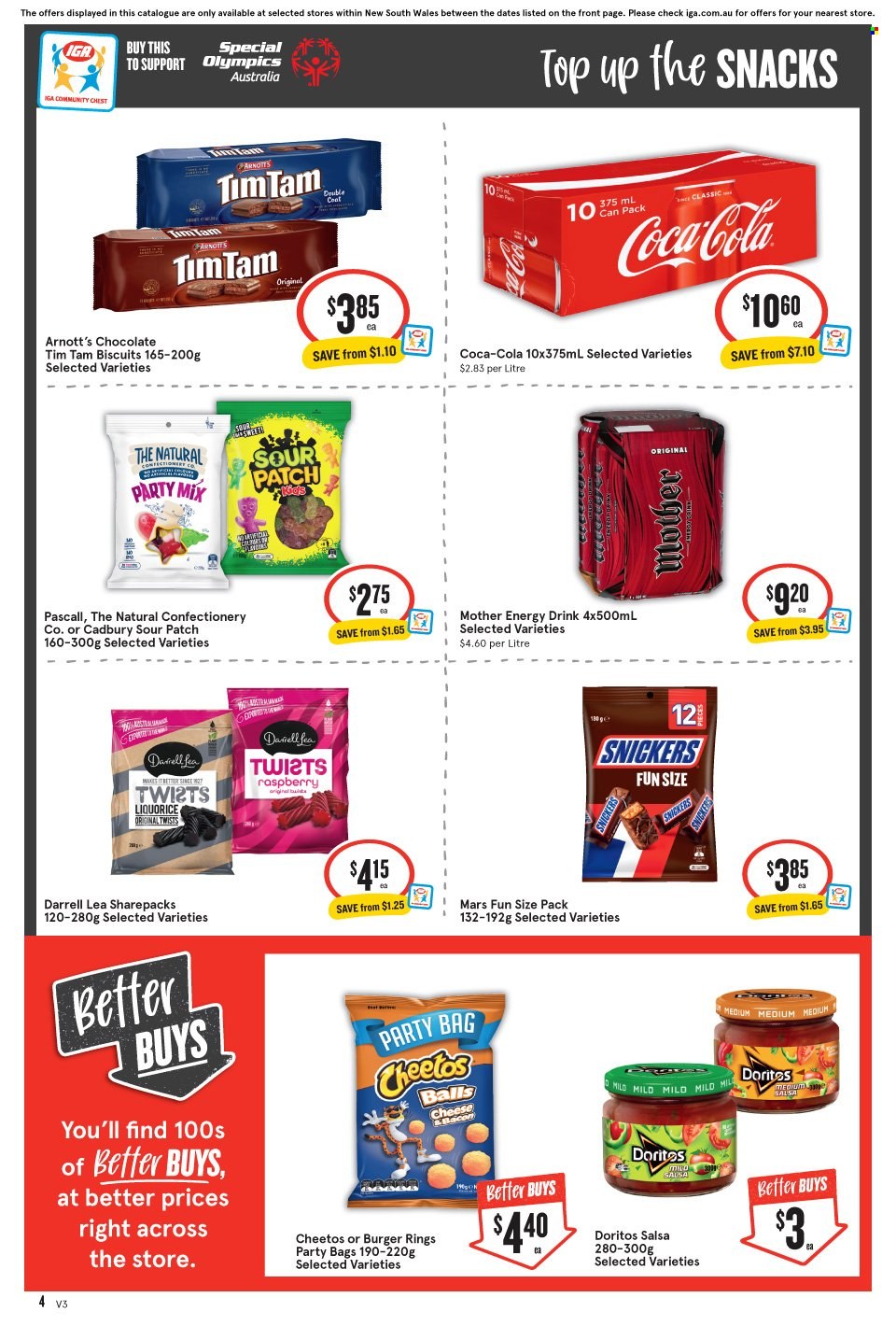 thumbnail - IGA Xpress Catalogue - 24 May 2023 - 30 May 2023 - Sales products - hamburger, Milo, chocolate, snack, Snickers, Mars, Tim Tam, biscuit, Cadbury, Sour Patch, Doritos, Cheetos, salty snack, salsa, Coca-Cola, energy drink, soft drink. Page 5.