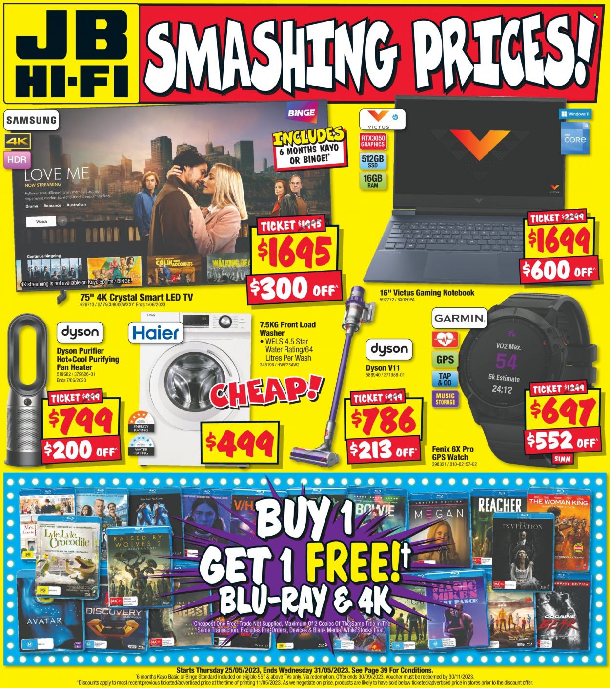thumbnail - JB Hi-Fi Catalogue - 25 May 2023 - 31 May 2023 - Sales products - laptop, LED TV, TV, Blu-ray, washing machine, Dyson, watch. Page 1.