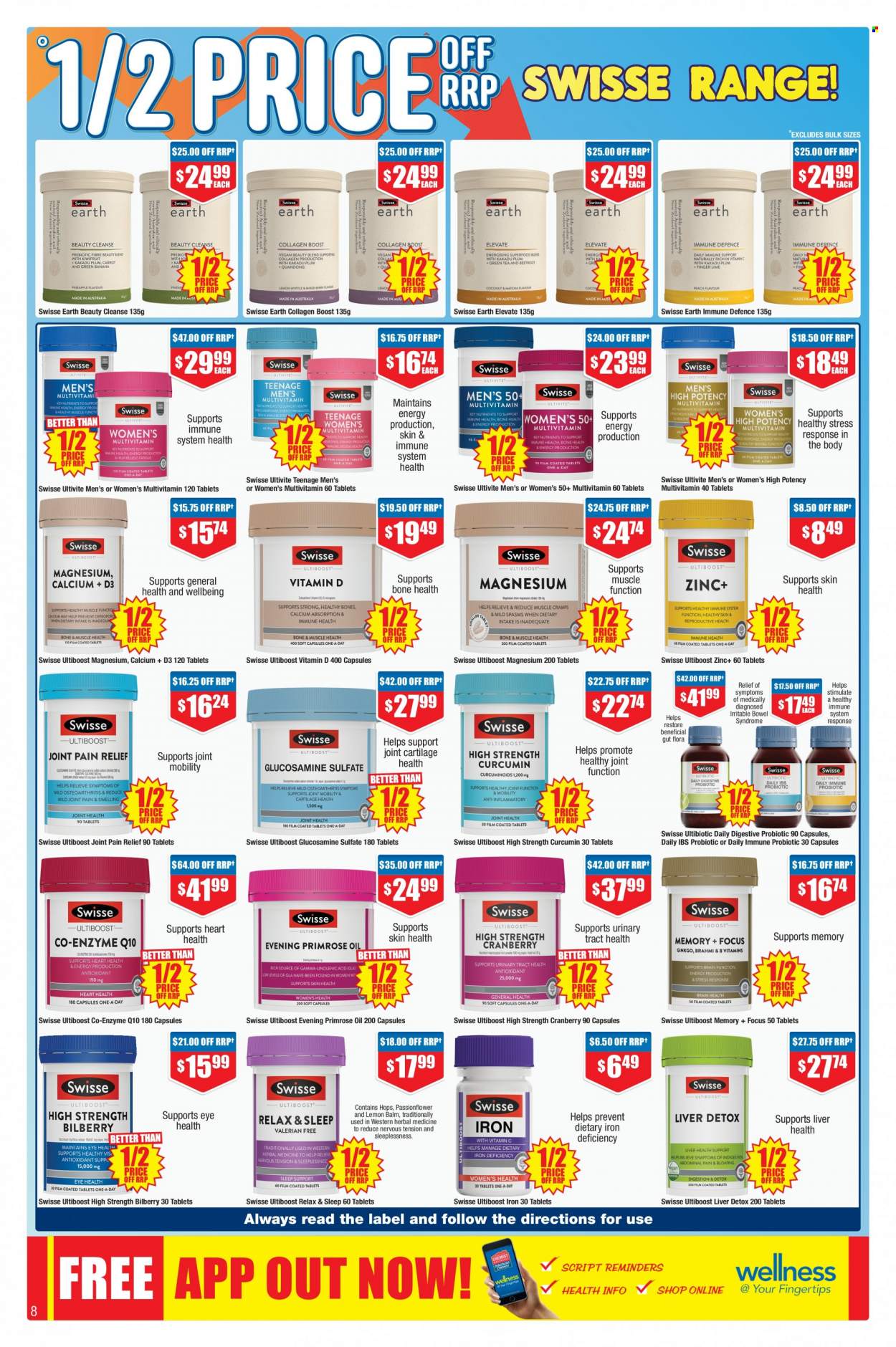 thumbnail - Chemist Warehouse Catalogue - 25 May 2023 - 7 Jun 2023 - Sales products - Swisse, pain relief, calcium, glucosamine, magnesium, multivitamin, zinc, vitamin D3, medicine. Page 8.