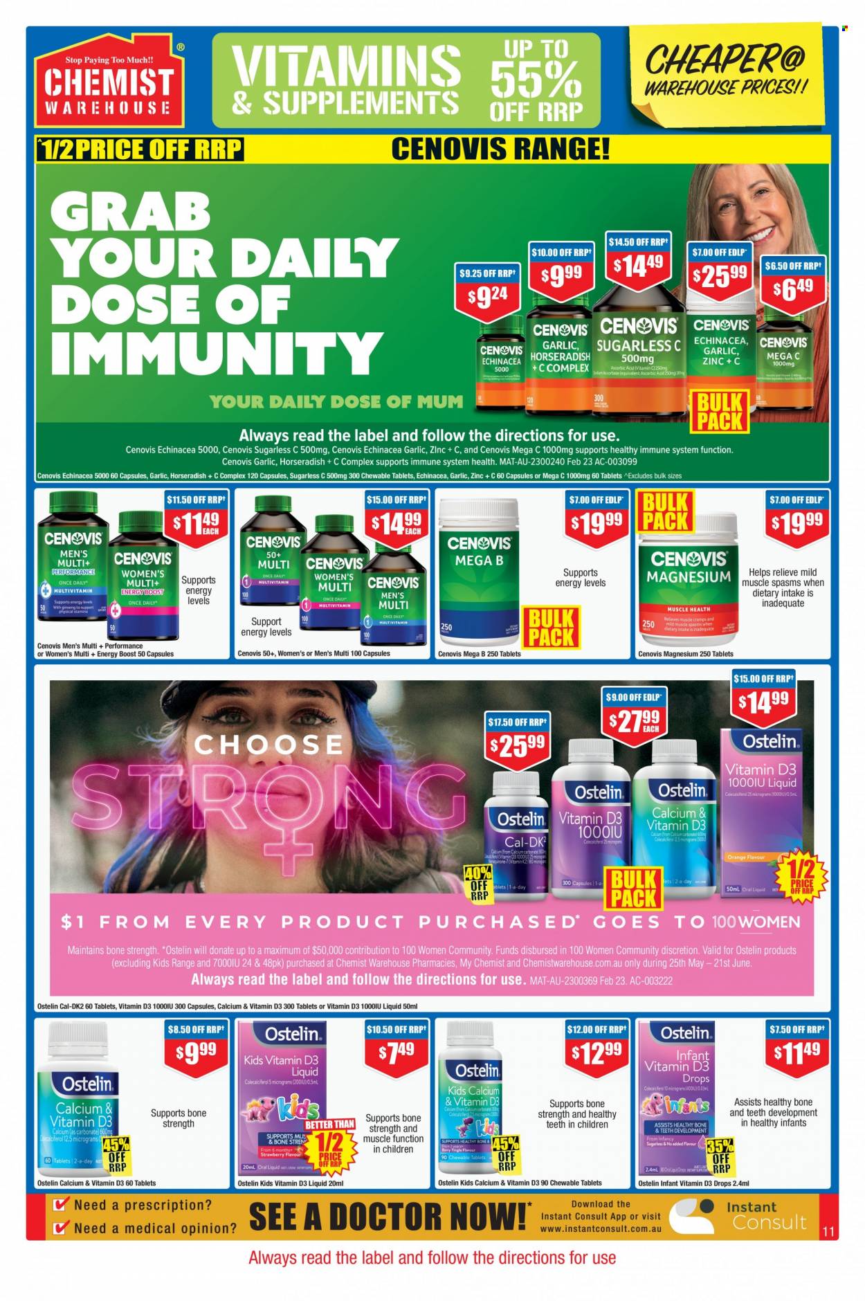 thumbnail - Chemist Warehouse Catalogue - 25 May 2023 - 7 Jun 2023 - Sales products - calcium, magnesium, horseradish, zinc, Cenovis, vitamin D3, Ostelin. Page 11.