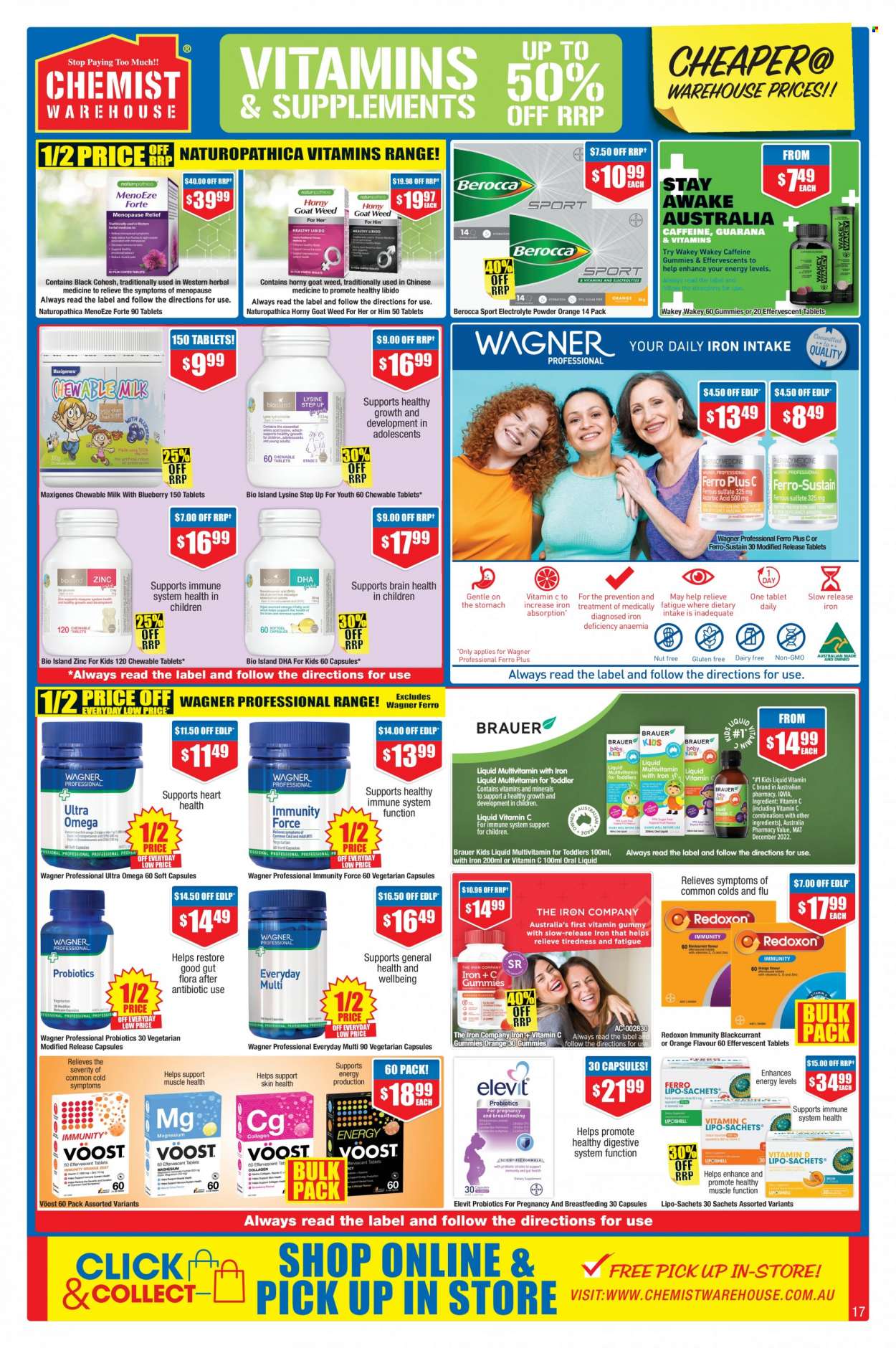 thumbnail - Chemist Warehouse Catalogue - 25 May 2023 - 7 Jun 2023 - Sales products - multivitamin, vitamin c, probiotics, zinc, Berocca, medicine. Page 17.