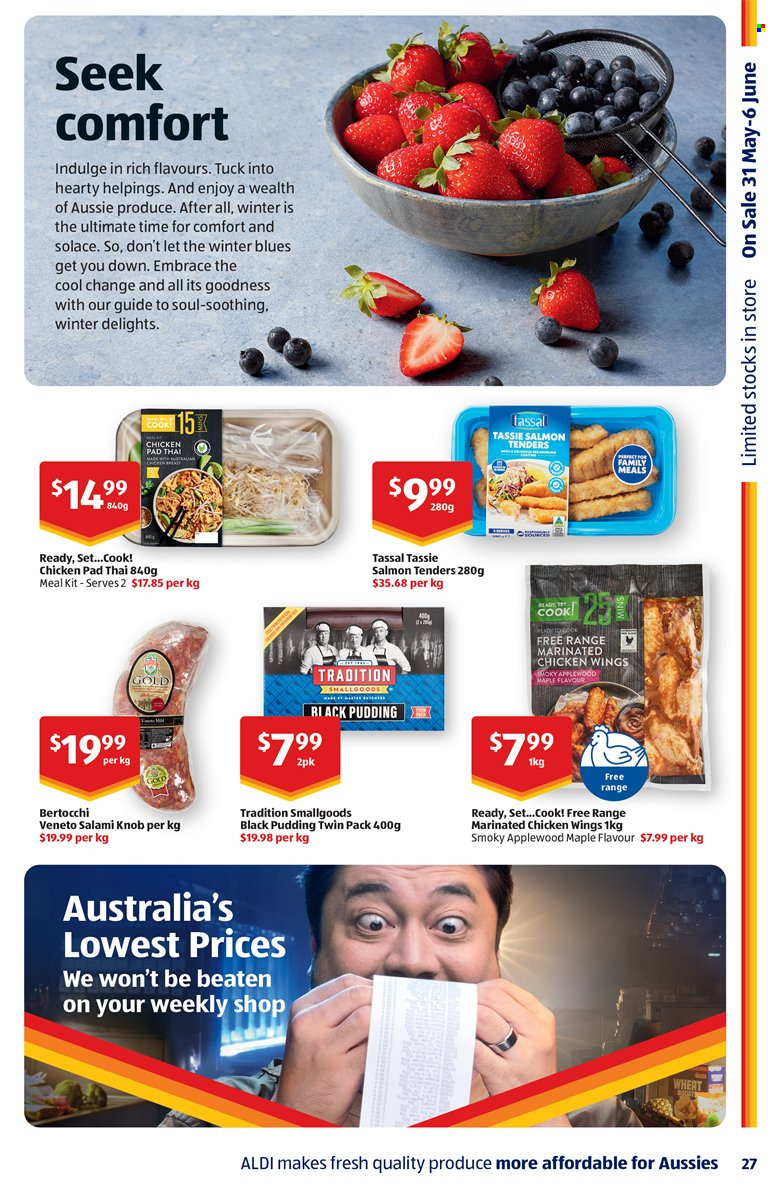 thumbnail - ALDI Catalogue - 7 Jun 2023 - 13 Jun 2023 - Sales products - salmon, salami, black pudding, chicken wings, marinated chicken, chicken, Aussie. Page 27.