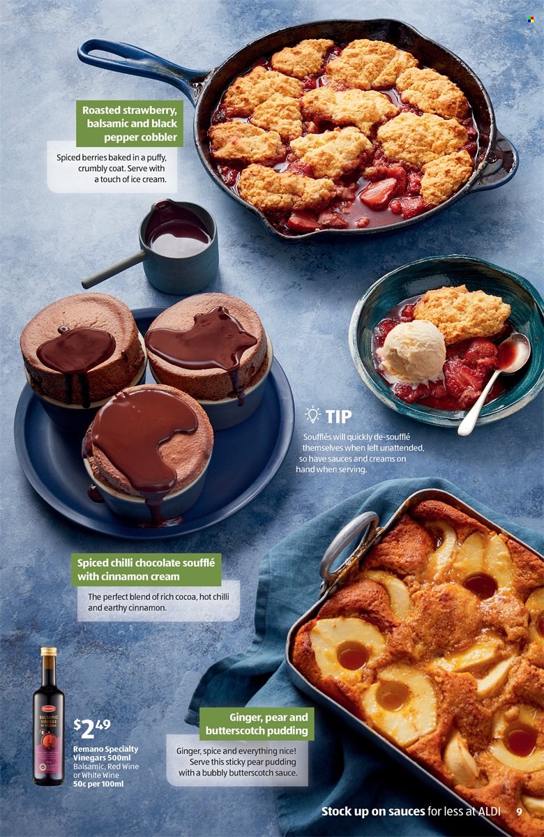 thumbnail - ALDI Catalogue - Sales products - soufflés, ginger, pears, pudding, ice cream, butterscotch, Nice!, cocoa, black pepper, spice, alcohol. Page 9.