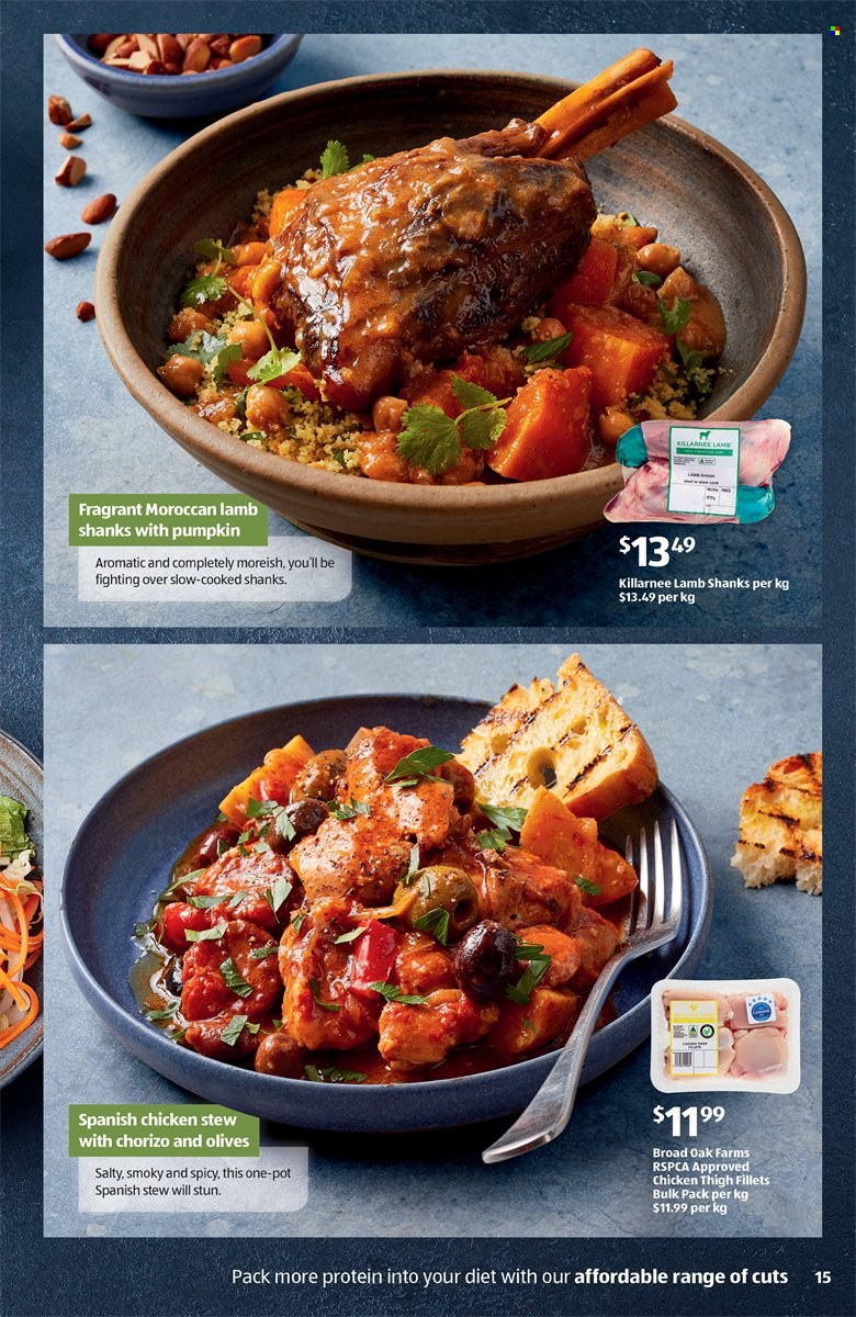 thumbnail - ALDI Catalogue - Sales products - pumpkin, chorizo, olives, chicken, pot. Page 15.