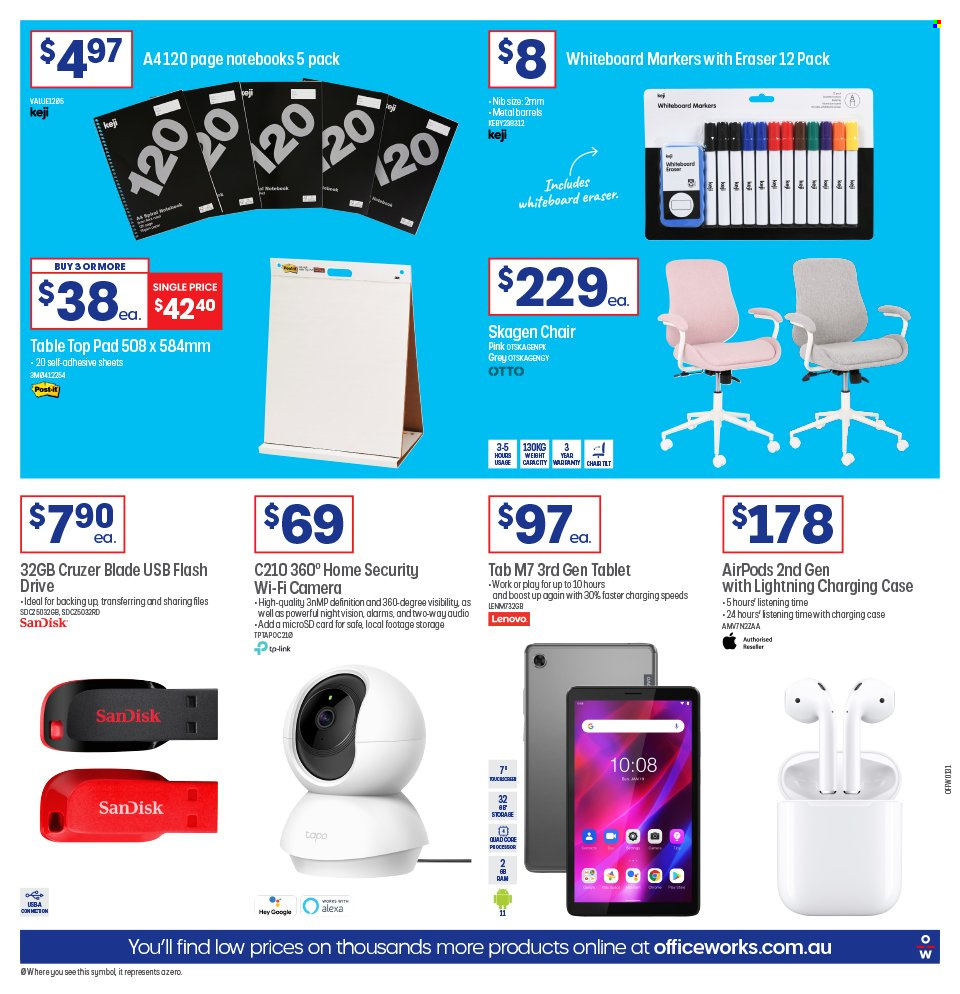 thumbnail - Officeworks Catalogue - 1 Jun 2023 - 30 Jun 2023 - Sales products - Sandisk, Lenovo, tablet, safe, whiteboard, eraser, Post-It, laptop, flash drive, camera, Airpods, table, chair. Page 32.