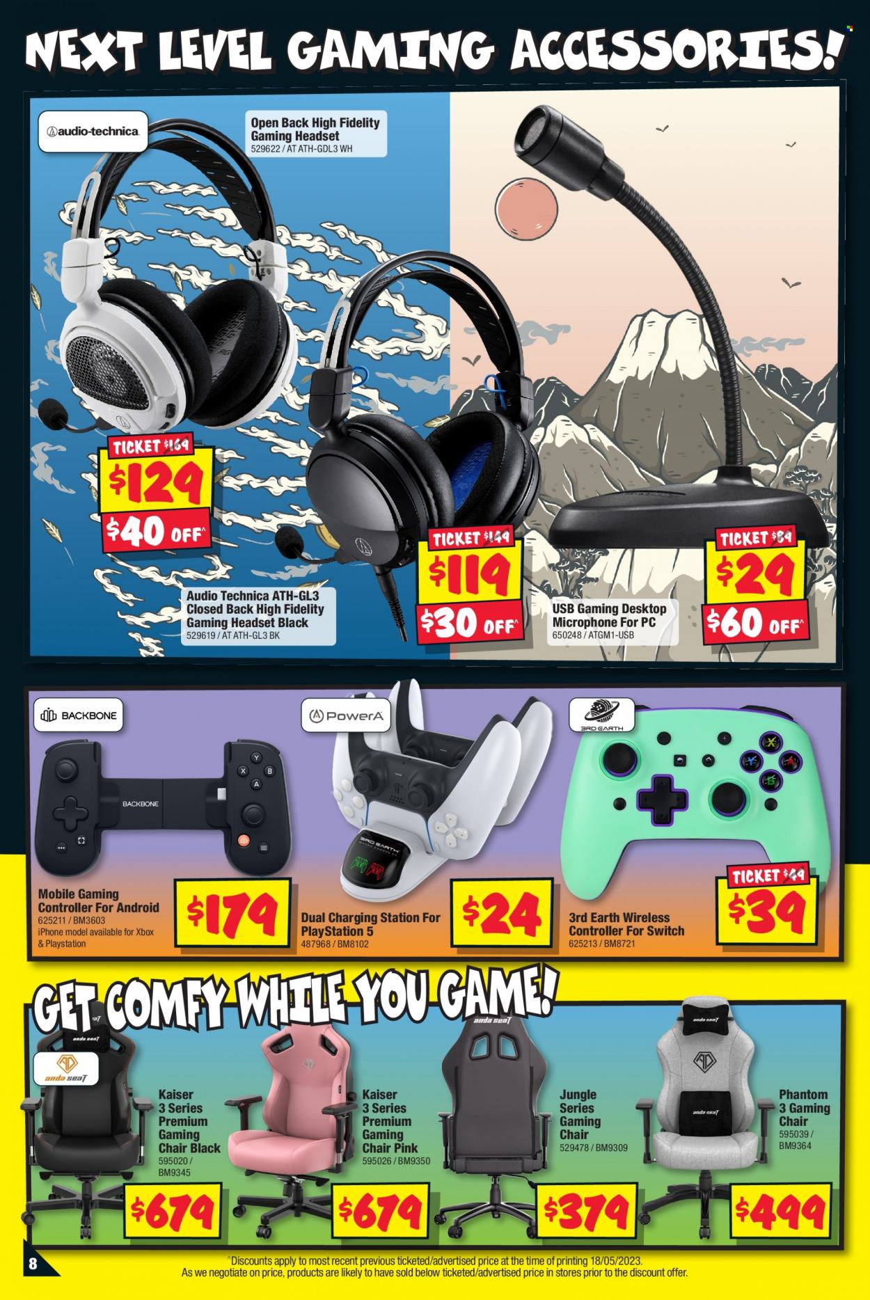 thumbnail - JB Hi-Fi Catalogue - 2 Jun 2023 - 12 Jun 2023 - Sales products - wireless controller, gaming headset, game chair, iPhone, PlayStation, Xbox, PlayStation 5, PS, microphone, headset, switch. Page 8.