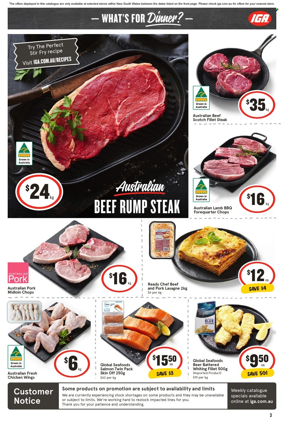 thumbnail - IGA Catalogue - 7 Jun 2023 - 13 Jun 2023 - Sales products - salmon, whiting, chicken wings, alcohol, beer, chicken, beef meat, steak, rump steak. Page 4.