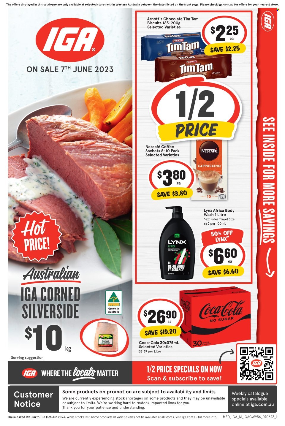 thumbnail - IGA Catalogue - 7 Jun 2023 - 13 Jun 2023 - Sales products - chocolate, Tim Tam, biscuit, Coca-Cola, soft drink, cappuccino, coffee, Nescafé, body wash, fragrance. Page 1.