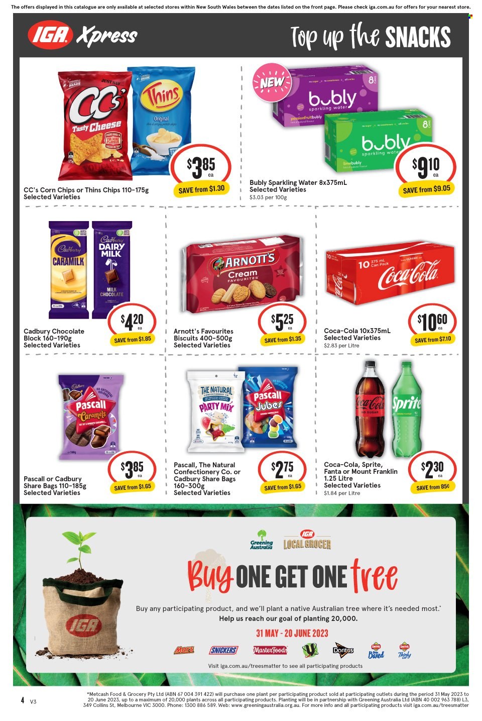 thumbnail - IGA Xpress Catalogue - 7 Jun 2023 - 13 Jun 2023 - Sales products - snack, milk chocolate, chocolate, Snickers, Mars, biscuit, Cadbury, Dairy Milk, chips, Thins, corn chips, Coca-Cola, Sprite, Fanta, soft drink, sparkling water, water, goal. Page 5.