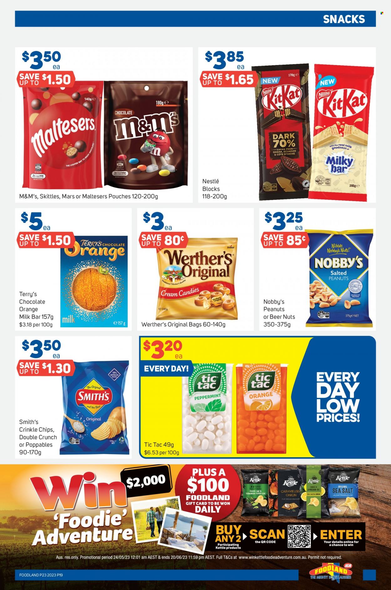 thumbnail - Foodland Catalogue - 7 Jun 2023 - 13 Jun 2023 - Sales products - bread, potatoes, onion, oranges, finger lime, snack, crinkle fries, Nestlé, Mars, KitKat, M&M's, crackers, Maltesers, Milkybar, Skittles, Tic Tac, Werther's Original, chips, Smith's, cocoa, avocado oil, peanuts, alcohol, beer. Page 19.